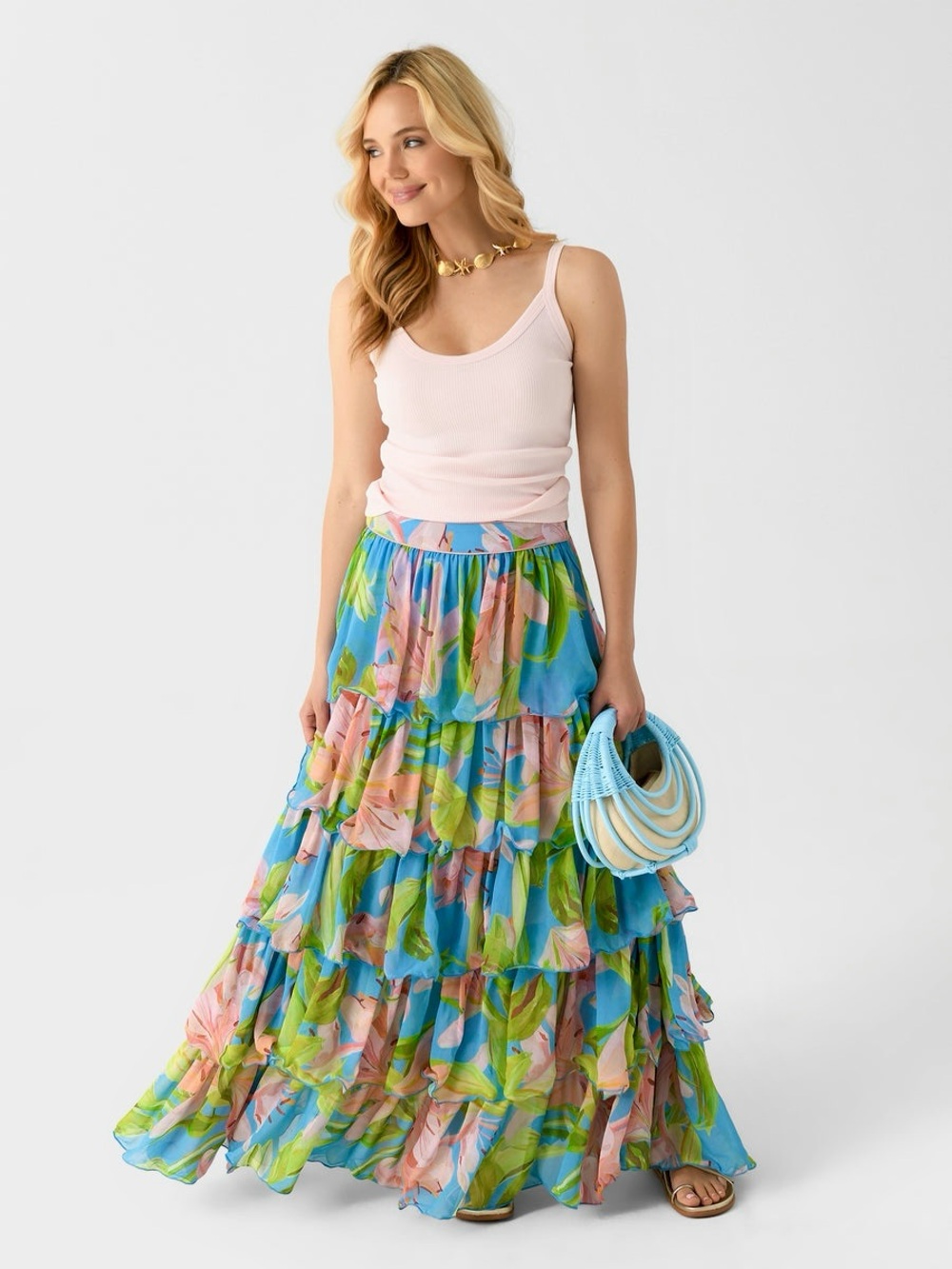Farm Rio Lily Bloom Maxi Skirt Ruffles Blue Medium NWT High Rise Floral